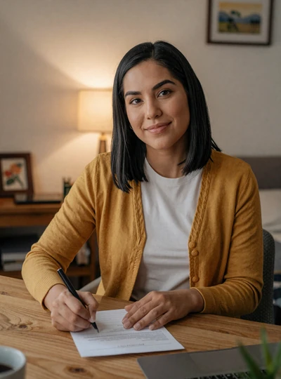 Alejandra, 33, writing a Latidreams letter from her Guadalajara apartment