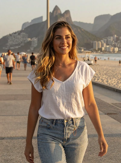 Bianca, a 28-year-old Brazilian woman walking Ipanema beach, Latidreams sample profile