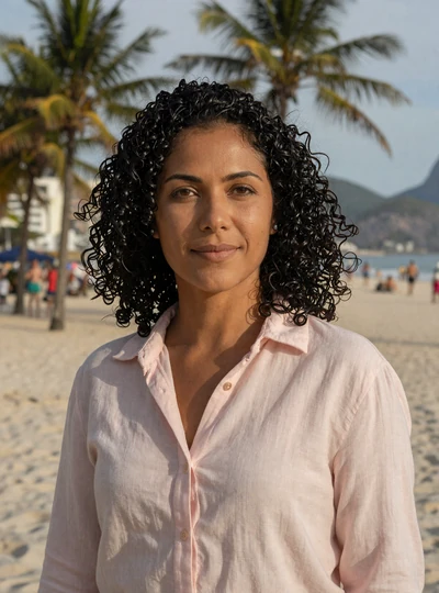 Isabela, a 35-year-old Brazilian woman on Rio boardwalk, sample Latina dating profile