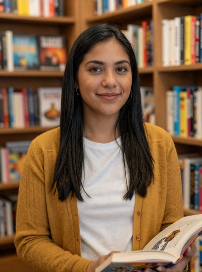 Daniela, a 27-year-old Peruvian woman in a Lima bookshop, Latidreams sample profile